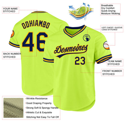 Custom Neon Green Navy-Gold Authentic Throwback Baseball Jersey - Sky-Custom