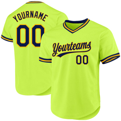 Custom Neon Green Navy-Gold Authentic Throwback Baseball Jersey - Sky-Custom