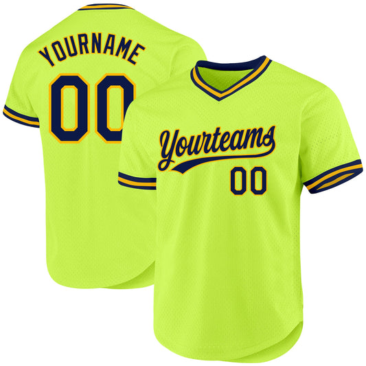 Custom Neon Green Navy-Gold Authentic Throwback Baseball Jersey - Sky-Custom