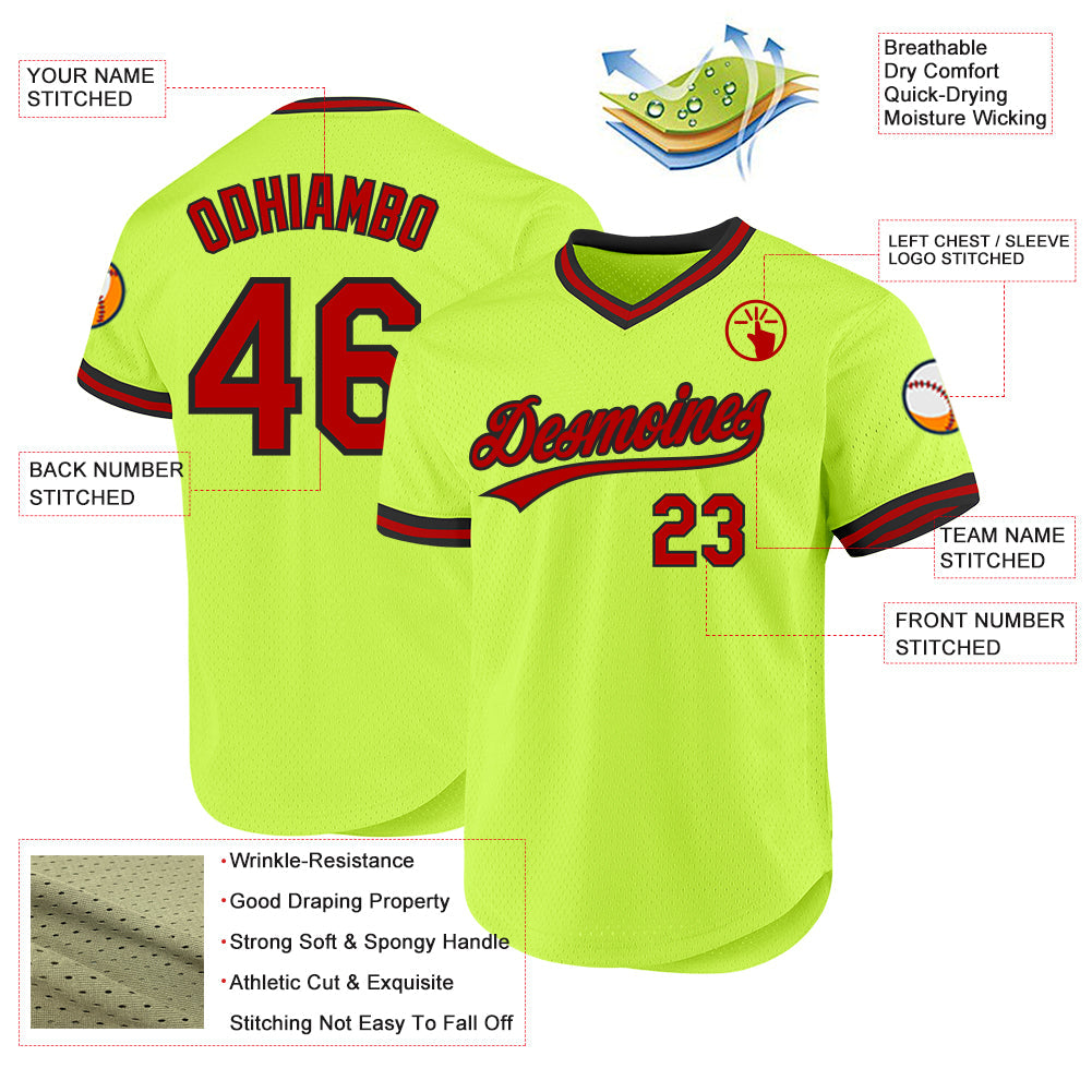 Custom Neon Green Red-Black Authentic Throwback Baseball Jersey - Sky-Custom