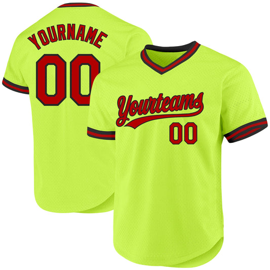 Custom Neon Green Red-Black Authentic Throwback Baseball Jersey - Sky-Custom