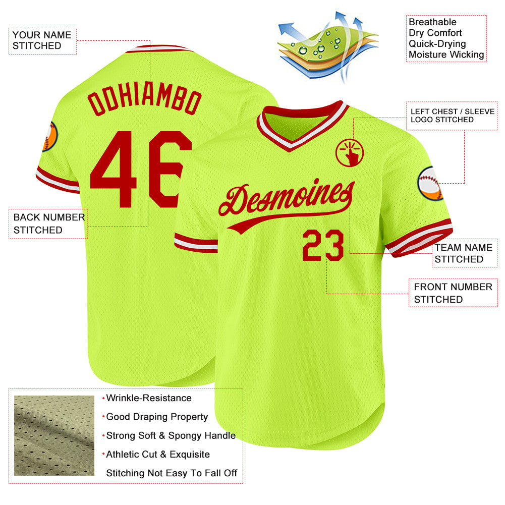 Custom Neon Green Red-White Authentic Throwback Baseball Jersey - Sky-Custom