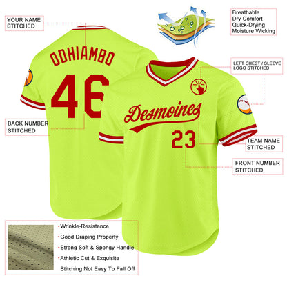 Custom Neon Green Red-White Authentic Throwback Baseball Jersey - Sky-Custom