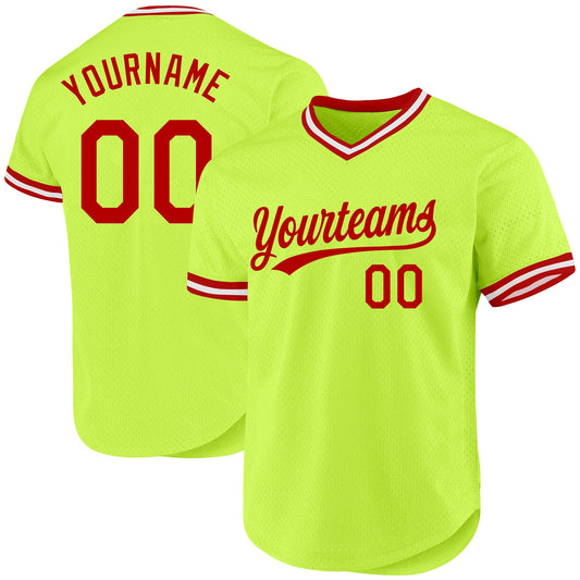 Custom Neon Green Red-White Authentic Throwback Baseball Jersey - Sky-Custom
