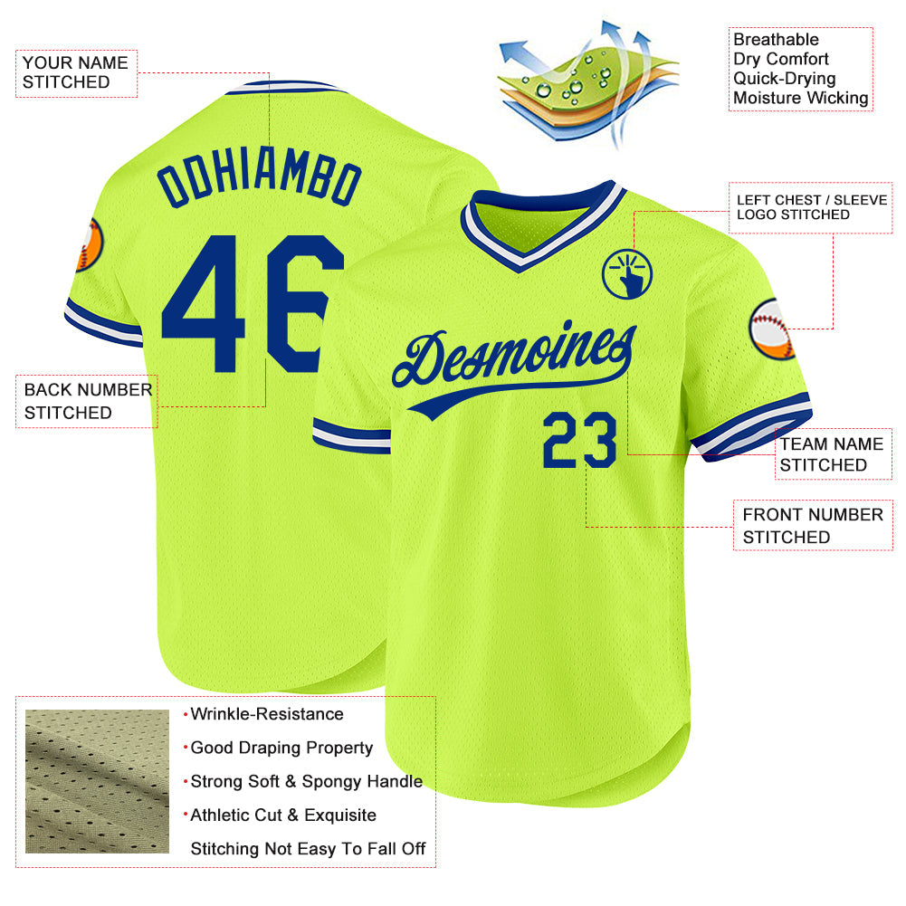 Custom Neon Green Royal-White Authentic Throwback Baseball Jersey - Sky-Custom