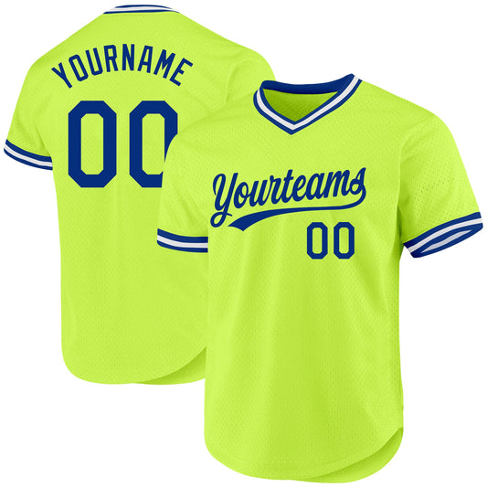 Custom Neon Green Royal-White Authentic Throwback Baseball Jersey - Sky-Custom