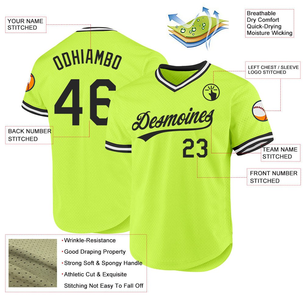 Custom Neon Green Black-White Authentic Throwback Baseball Jersey - Sky-Custom