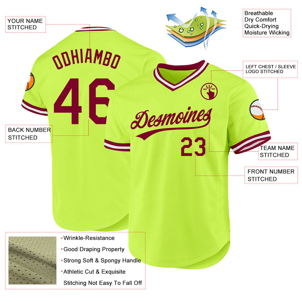 Custom Neon Green Maroon-White Authentic Throwback Baseball Jersey - Sky-Custom