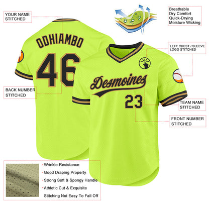 Custom Neon Green Black-Old Gold Authentic Throwback Baseball Jersey - Sky-Custom