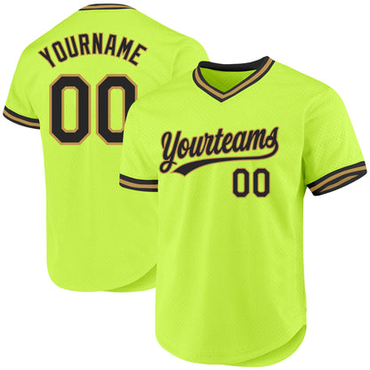 Custom Neon Green Black-Old Gold Authentic Throwback Baseball Jersey - Sky-Custom