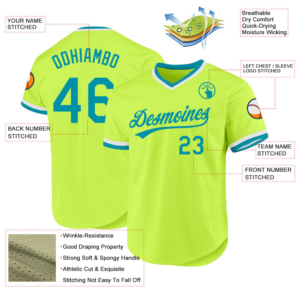 Custom Neon Green Teal-White Authentic Throwback Baseball Jersey - Sky-Custom