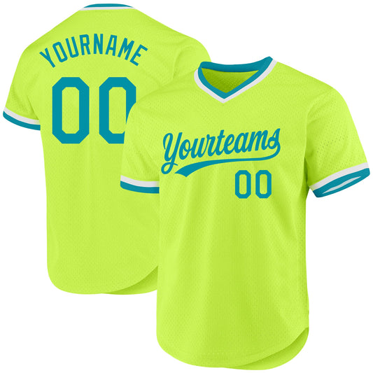 Custom Neon Green Teal-White Authentic Throwback Baseball Jersey - Sky-Custom