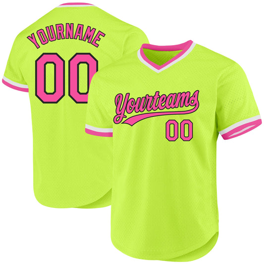 Custom Neon Green Pink-Black Authentic Throwback Baseball Jersey - Sky-Custom