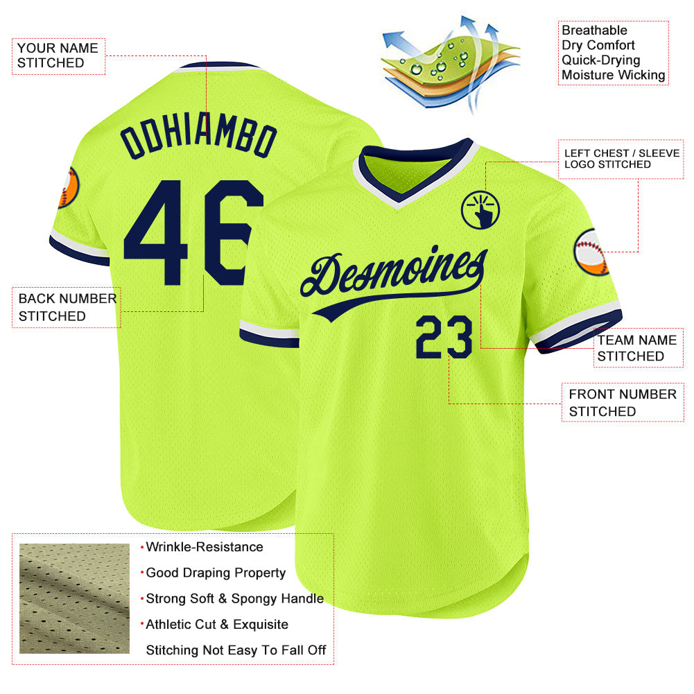 Custom Neon Green Navy-White Authentic Throwback Baseball Jersey - Sky-Custom