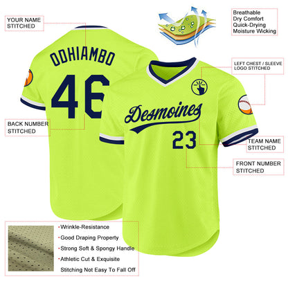 Custom Neon Green Navy-White Authentic Throwback Baseball Jersey - Sky-Custom