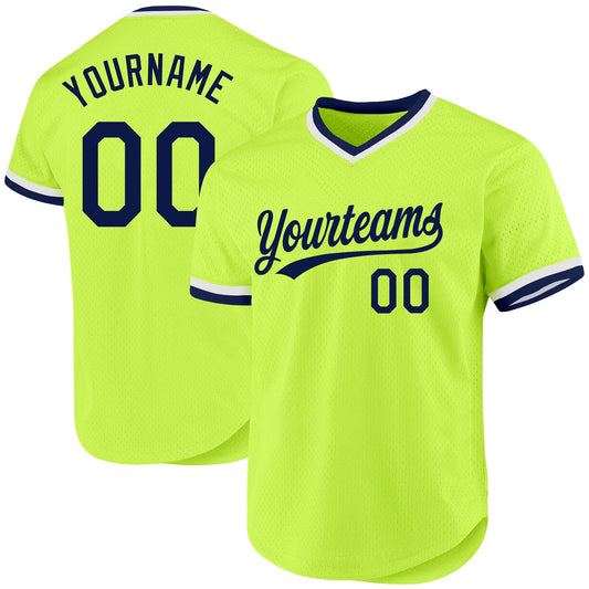 Custom Neon Green Navy-White Authentic Throwback Baseball Jersey - Sky-Custom