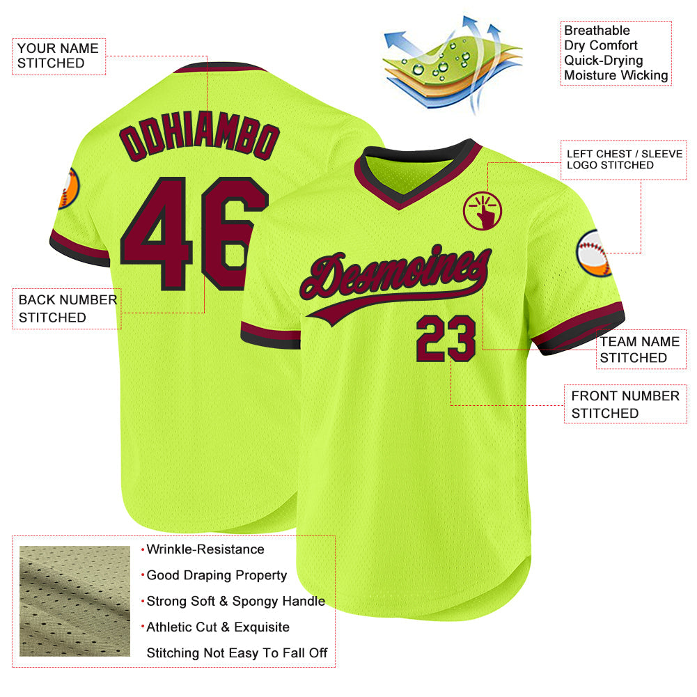 Custom Neon Green Maroon-Black Authentic Throwback Baseball Jersey - Sky-Custom