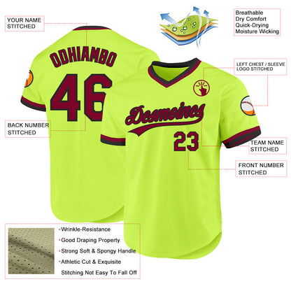Custom Neon Green Maroon-Black Authentic Throwback Baseball Jersey - Sky-Custom