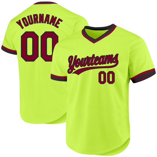 Custom Neon Green Maroon-Black Authentic Throwback Baseball Jersey - Sky-Custom