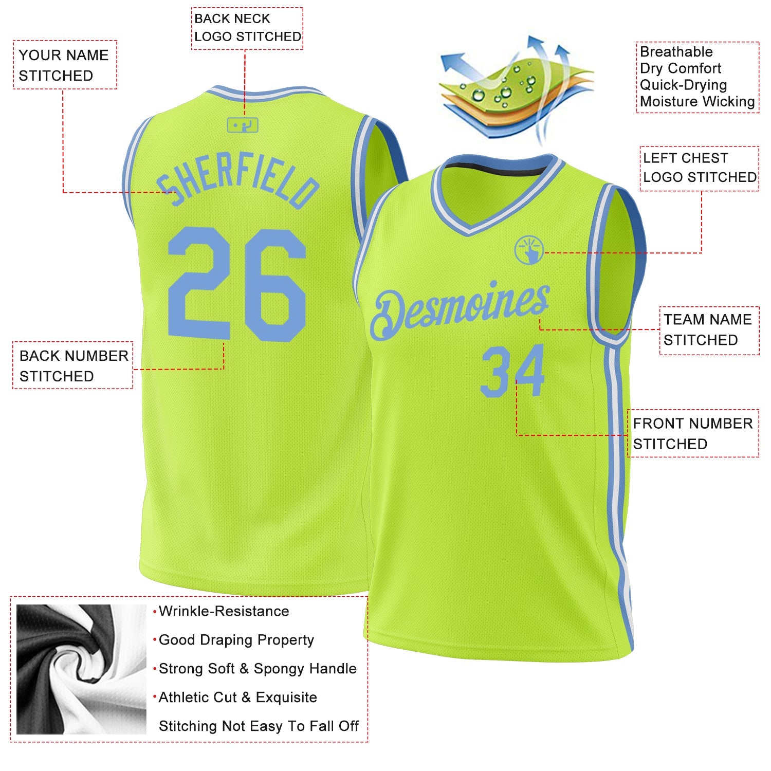 Custom Neon Green Light Blue-White Authentic Throwback Basketball Jersey - Sky-Custom