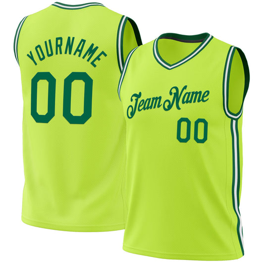 Custom Neon Green Kelly Green-White Authentic Throwback Basketball Jersey - Sky-Custom