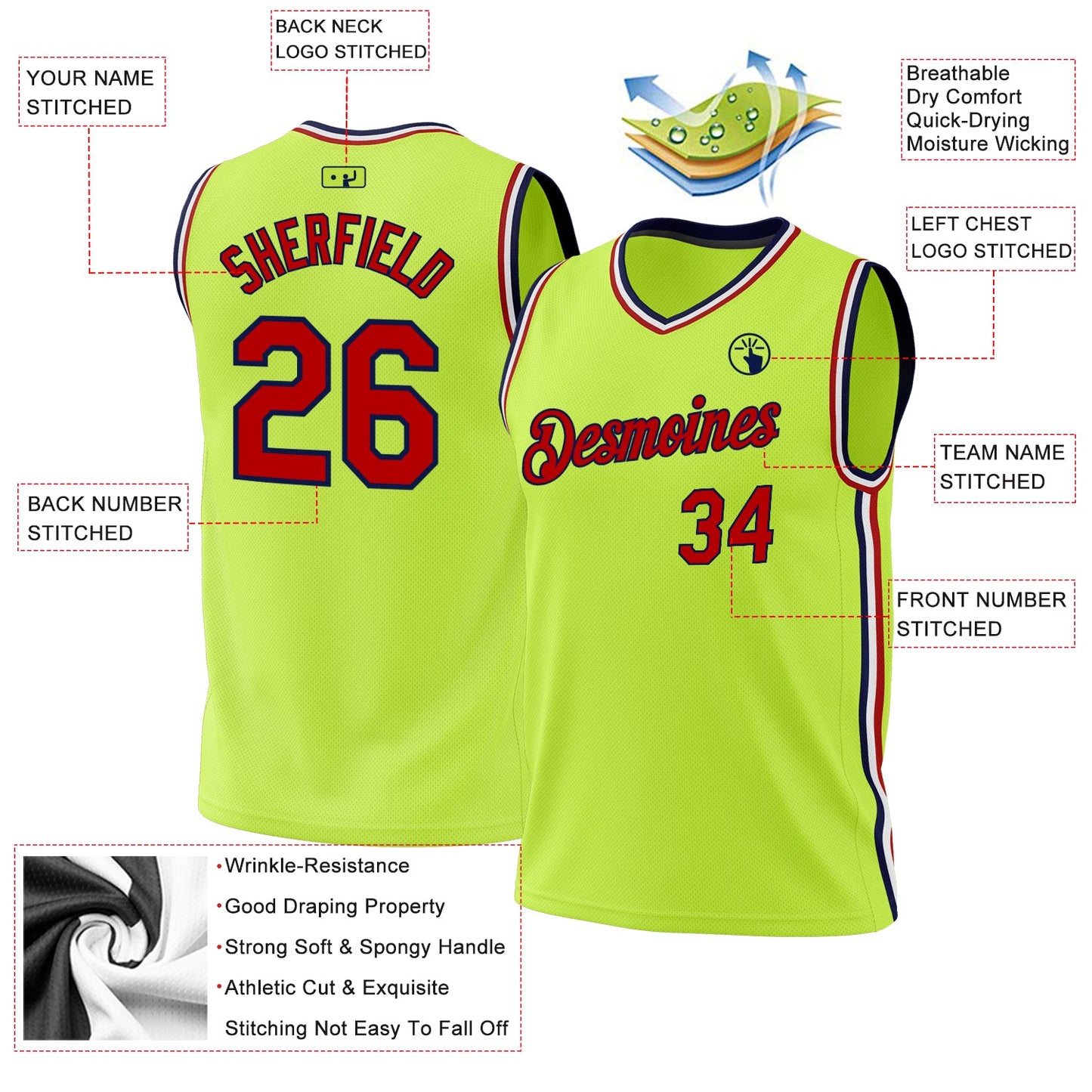 Custom Neon Green Red-Navy Authentic Throwback Basketball Jersey - Sky-Custom