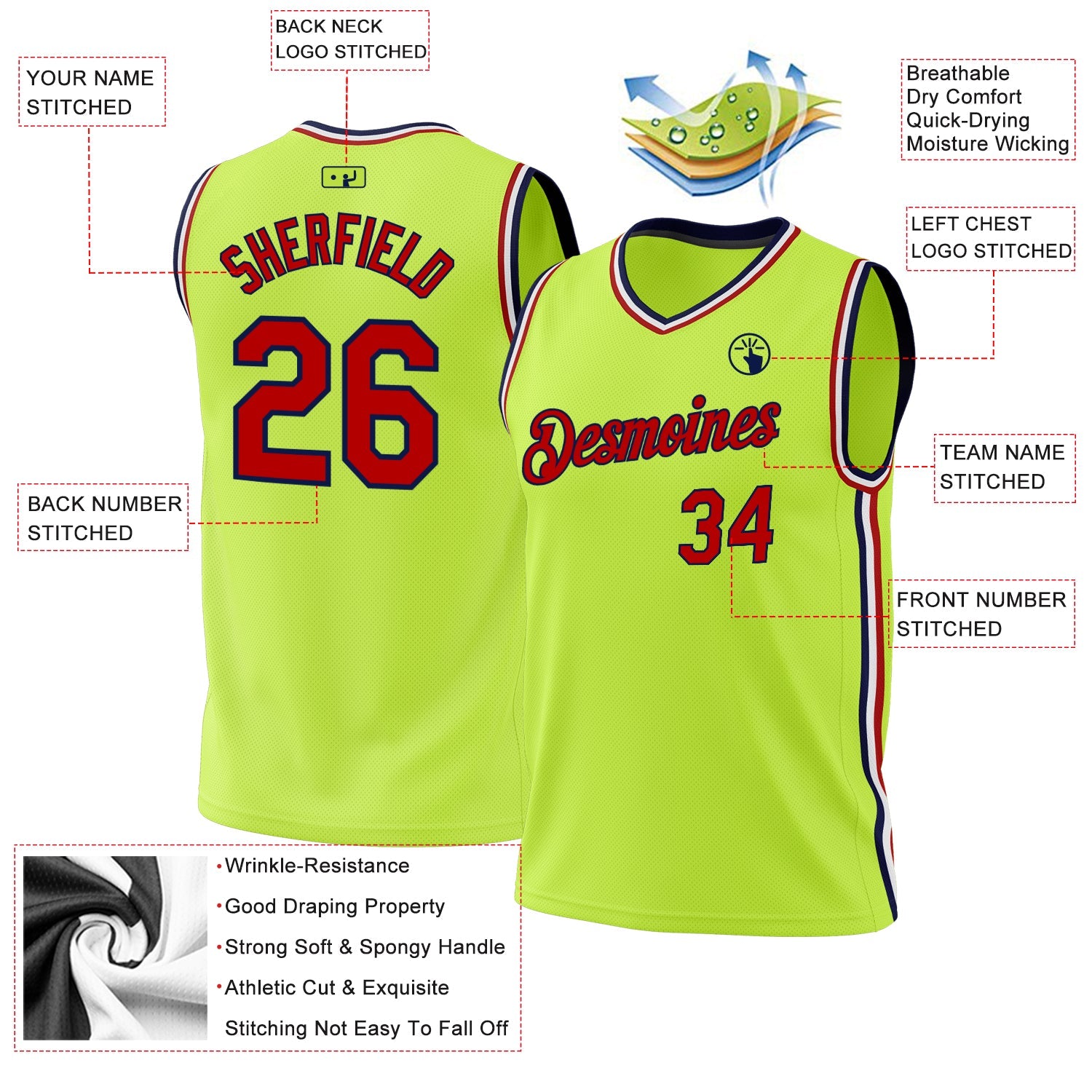 Custom Neon Green Red-Navy Authentic Throwback Basketball Jersey - Sky-Custom