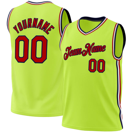 Custom Neon Green Red-Navy Authentic Throwback Basketball Jersey - Sky-Custom