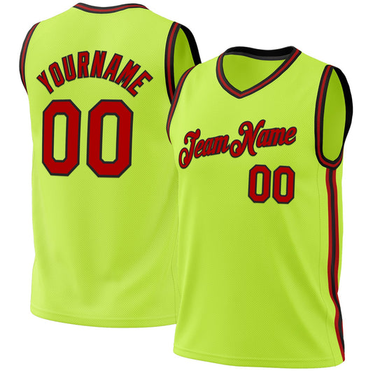 Custom Neon Green Red-Black Authentic Throwback Basketball Jersey - Sky-Custom
