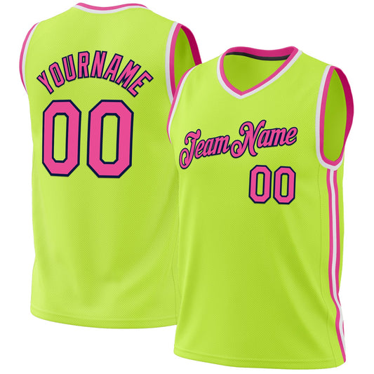 Custom Neon Green Pink Navy-White Authentic Throwback Basketball Jersey - Sky-Custom