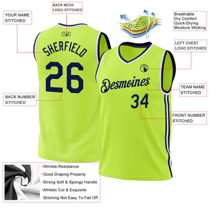 Custom Neon Green Navy-White Authentic Throwback Basketball Jersey - Sky-Custom