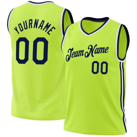 Custom Neon Green Navy-White Authentic Throwback Basketball Jersey - Sky-Custom