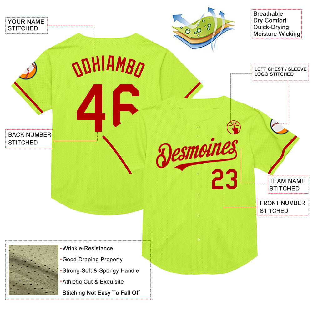Custom Neon Green Red Mesh Authentic Throwback Baseball Jersey - Sky-Custom