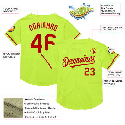 Custom Neon Green Red Mesh Authentic Throwback Baseball Jersey - Sky-Custom