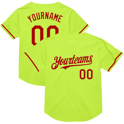Custom Neon Green Red Mesh Authentic Throwback Baseball Jersey - Sky-Custom