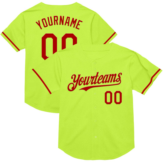 Custom Neon Green Red Mesh Authentic Throwback Baseball Jersey - Sky-Custom