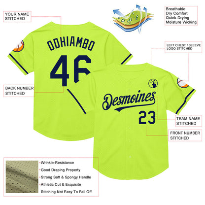 Custom Neon Green Navy Mesh Authentic Throwback Baseball Jersey - Sky-Custom