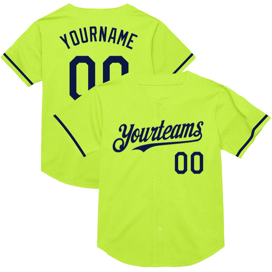 Custom Neon Green Navy Mesh Authentic Throwback Baseball Jersey - Sky-Custom