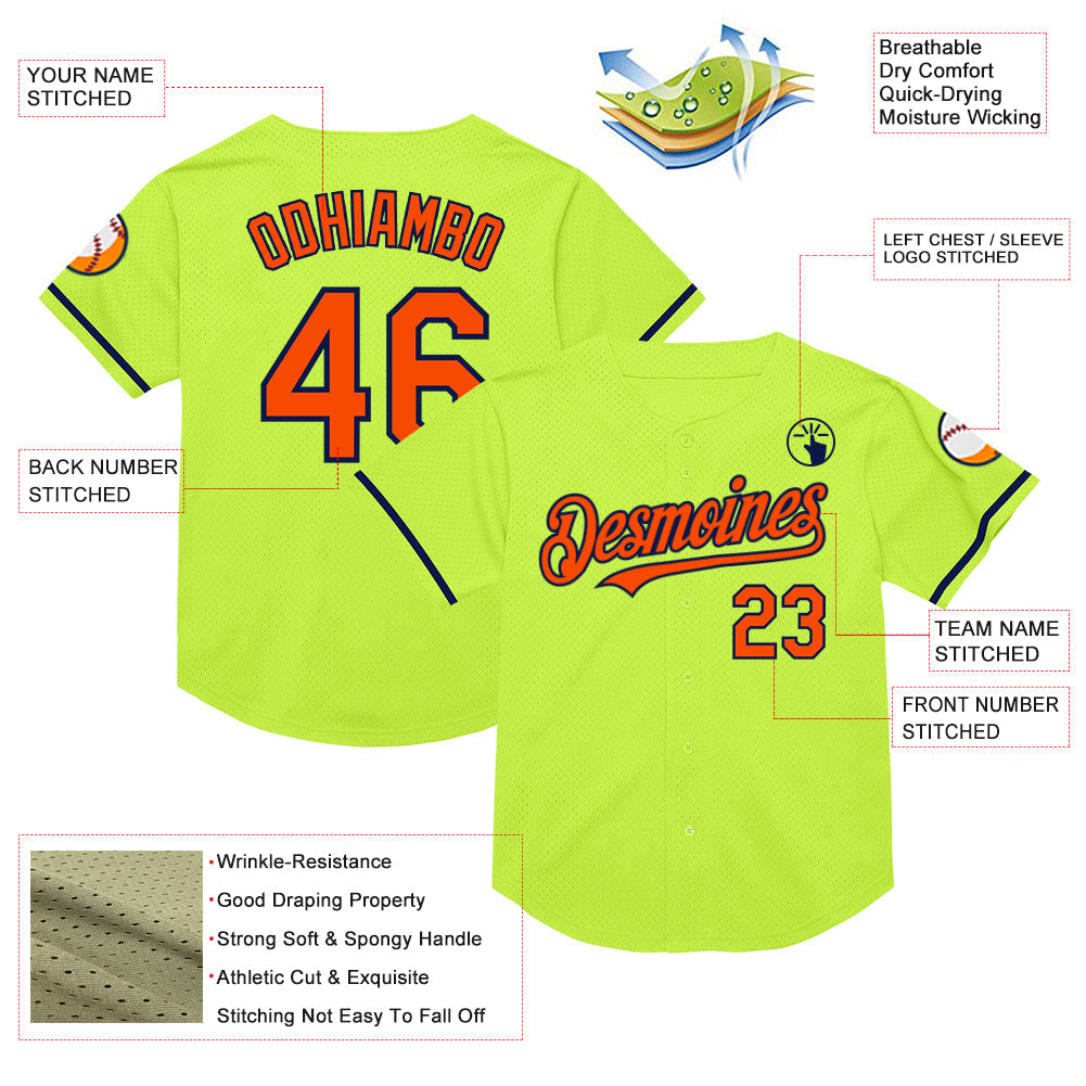 Custom Neon Green Orange-Navy Mesh Authentic Throwback Baseball Jersey - Sky-Custom