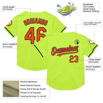 Custom Neon Green Orange-Navy Mesh Authentic Throwback Baseball Jersey - Sky-Custom