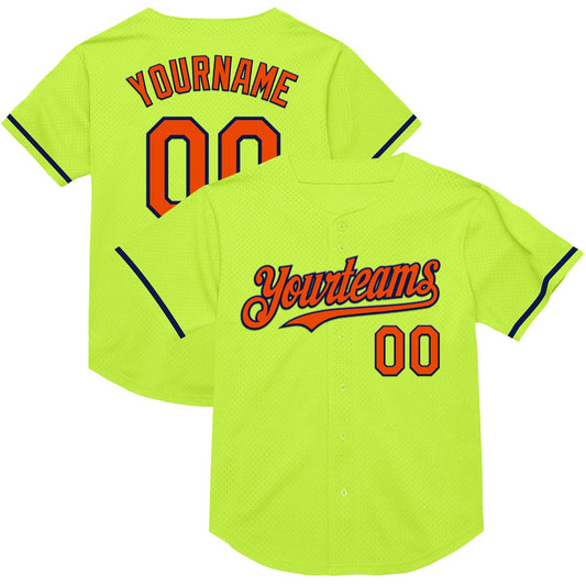 Custom Neon Green Orange-Navy Mesh Authentic Throwback Baseball Jersey - Sky-Custom