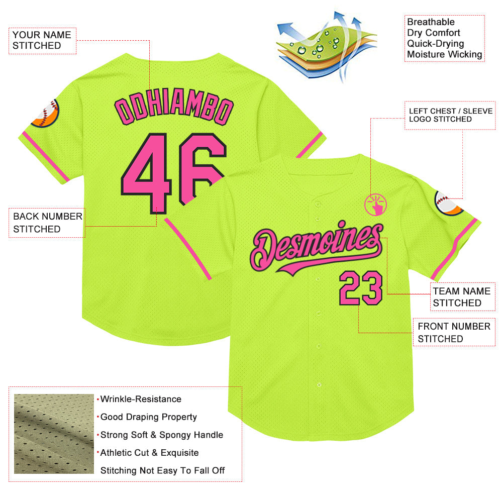 Custom Neon Green Pink-Black Mesh Authentic Throwback Baseball Jersey - Sky-Custom