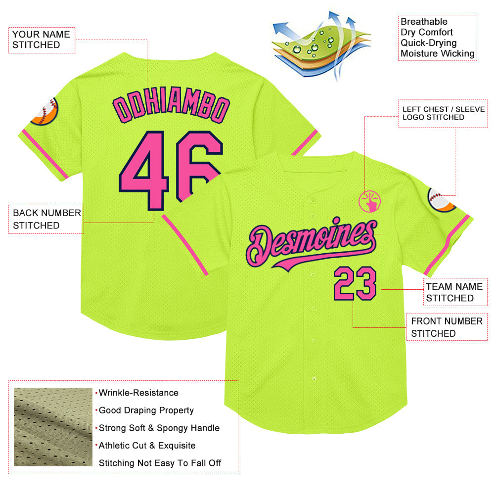 Custom Neon Green Pink-Navy Mesh Authentic Throwback Baseball Jersey - Sky-Custom