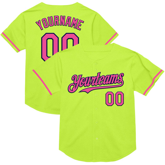Custom Neon Green Pink-Navy Mesh Authentic Throwback Baseball Jersey - Sky-Custom
