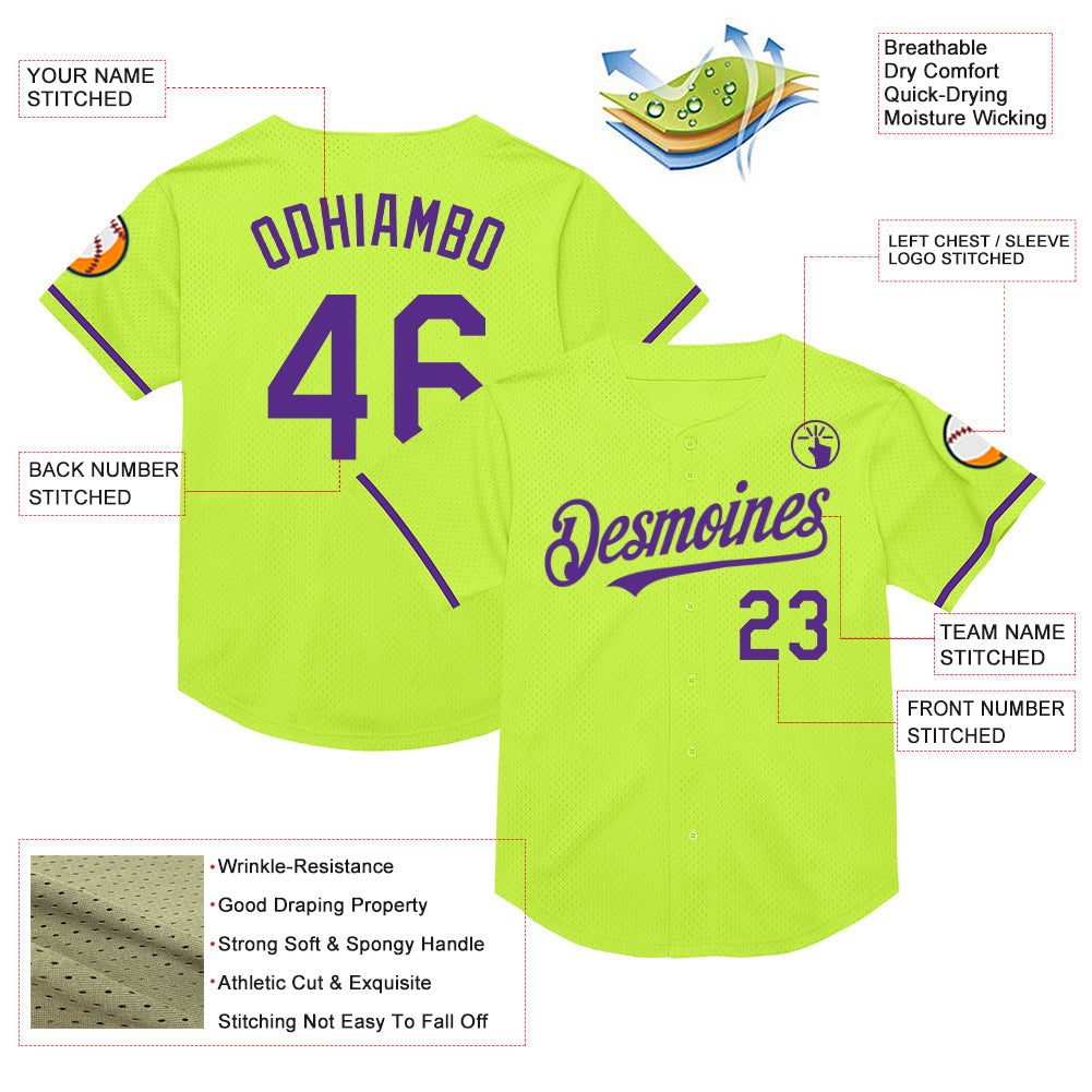 Custom Neon Green Purple Mesh Authentic Throwback Baseball Jersey - Sky-Custom