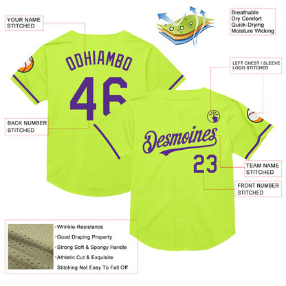 Custom Neon Green Purple Mesh Authentic Throwback Baseball Jersey - Sky-Custom