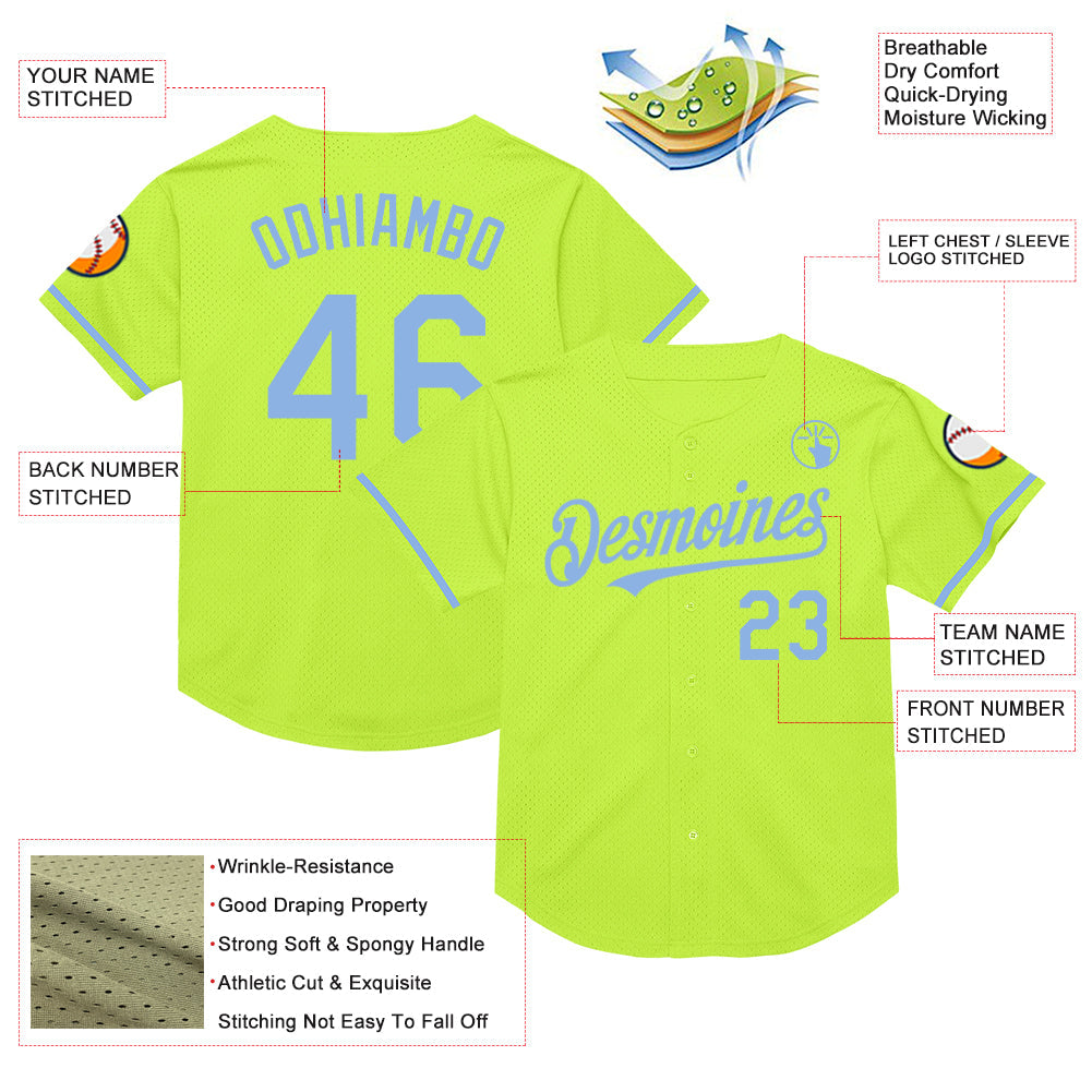 Custom Neon Green Light Blue Mesh Authentic Throwback Baseball Jersey - Sky-Custom