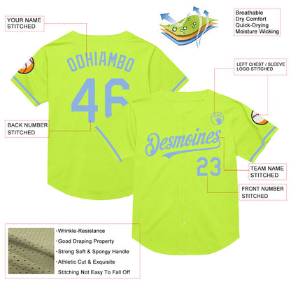 Custom Neon Green Light Blue Mesh Authentic Throwback Baseball Jersey - Sky-Custom