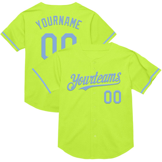 Custom Neon Green Light Blue Mesh Authentic Throwback Baseball Jersey - Sky-Custom
