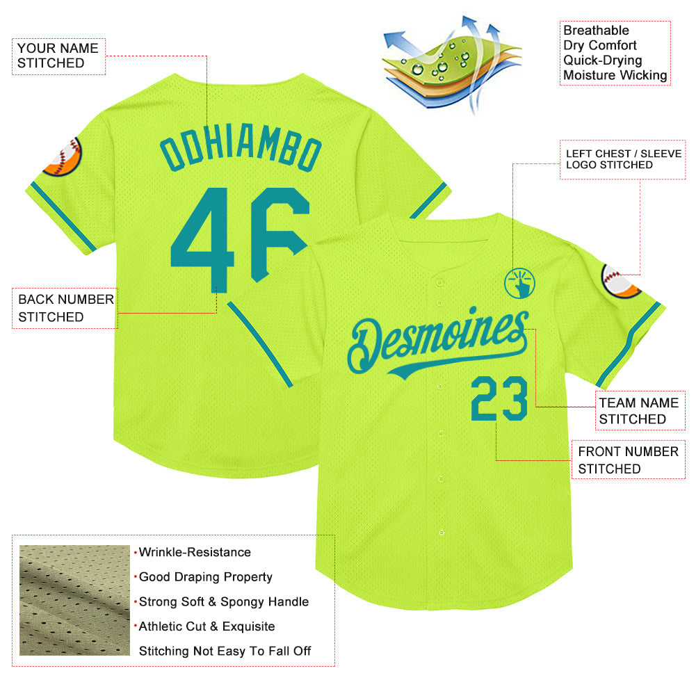 Custom Neon Green Teal Mesh Authentic Throwback Baseball Jersey - Sky-Custom